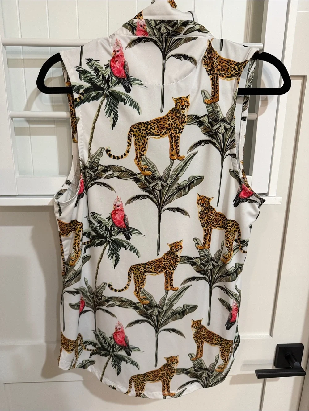 Bad Birdie White Tropical Leopard & Palm Sleeveless Collared Top